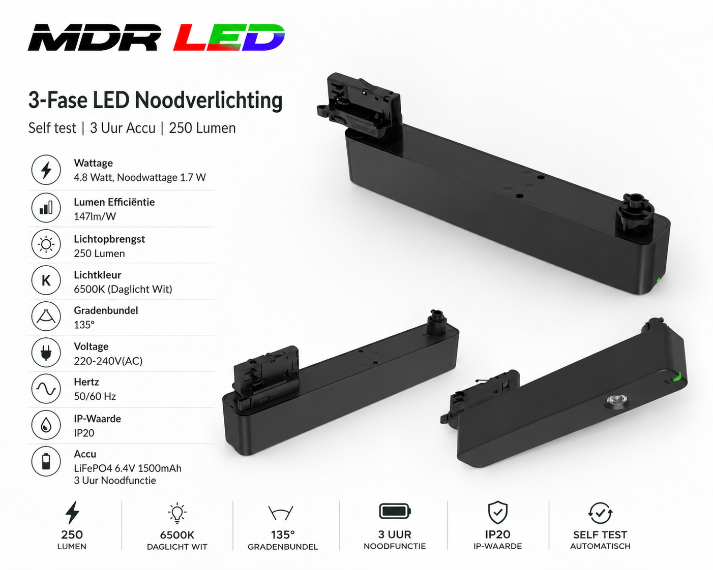 3-Fase LED Noodverlichting Zwart  3 Uur Accu  Self test  250 Lumen