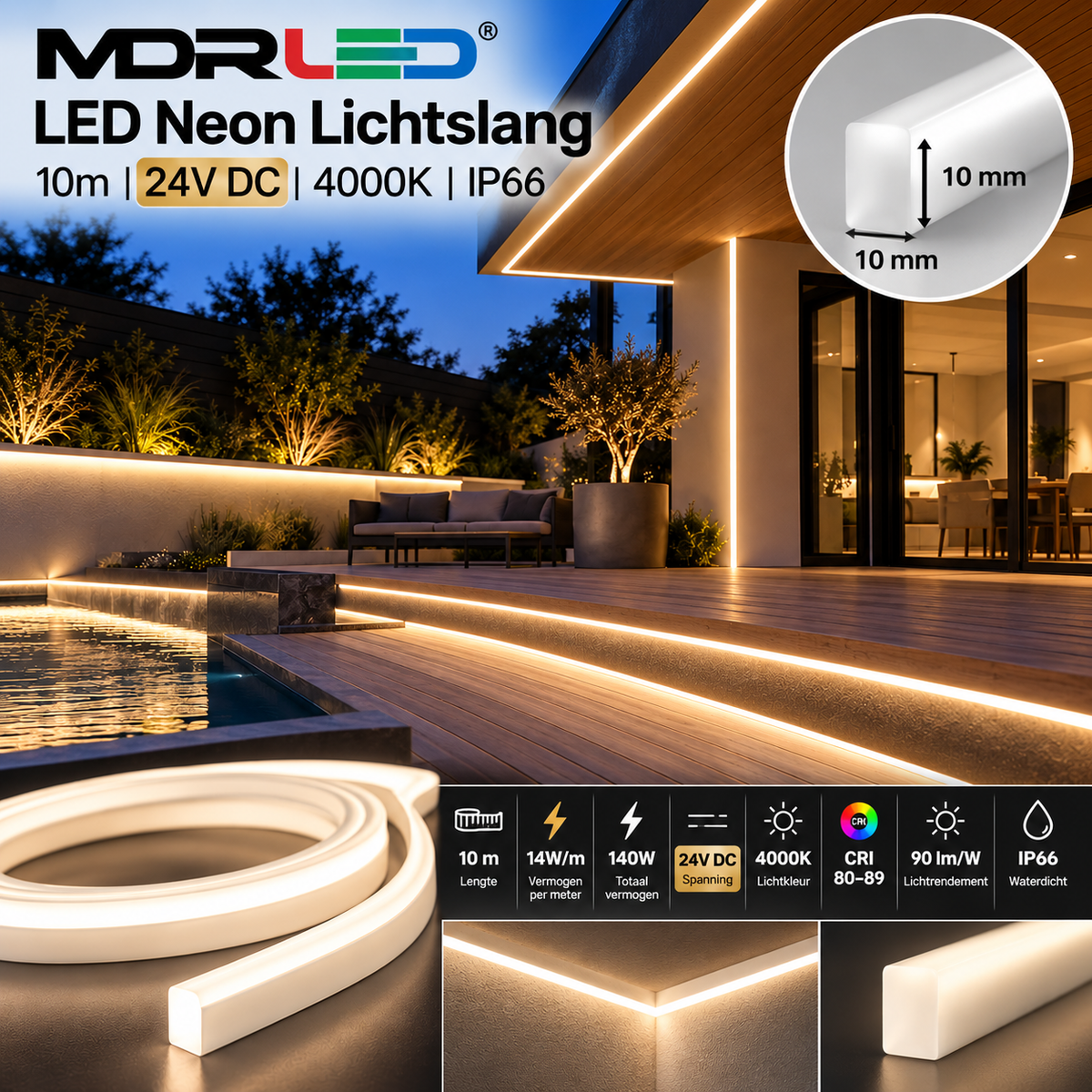 MDRLED® LED Neon Lichtslang 10m | 24V | 4000K | IP66