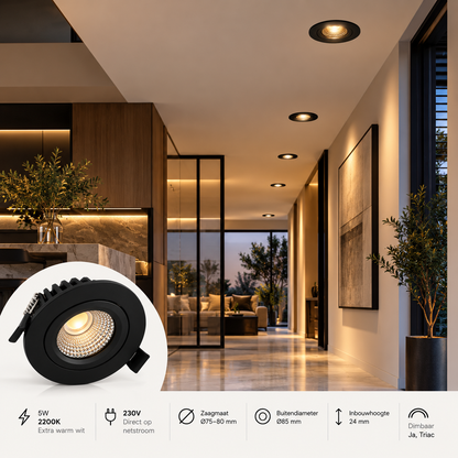 LED inbouwspot | 5W | 2200K | Mat zwart | IP42 | 10 stuks
