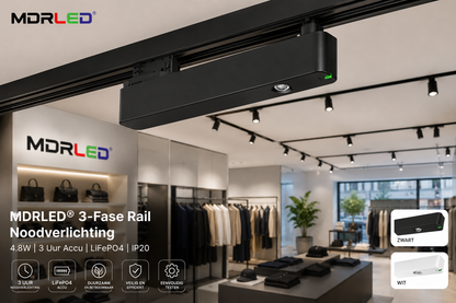 MDRLED® 3-Fase Rail Noodverlichting 4.8W | 3 Uur Accu | LiFePO4 | IP20 | Wit/Zwart