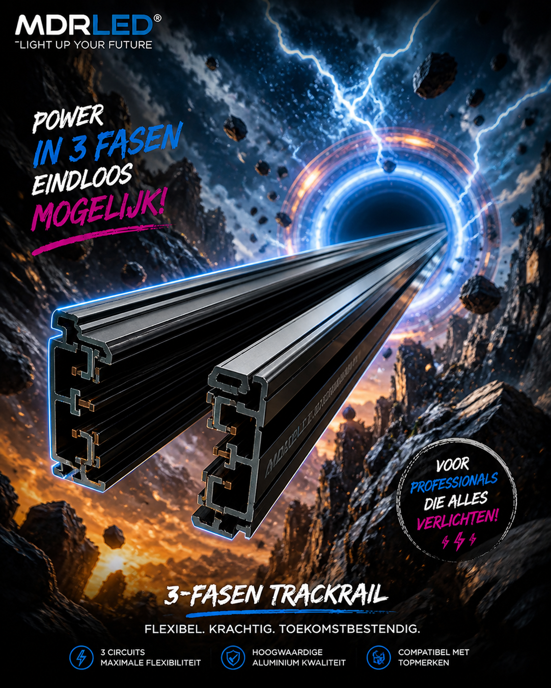 3-Fase Spanningsrail Zwart en Wit 1–10m | Inclusief Power Connector