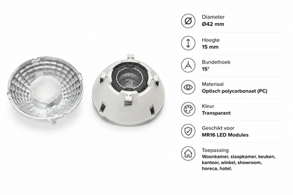 MR16 Lens 15° | Voor MR16 LED Module | Ø42 mm | Transparant | MDRLED®
