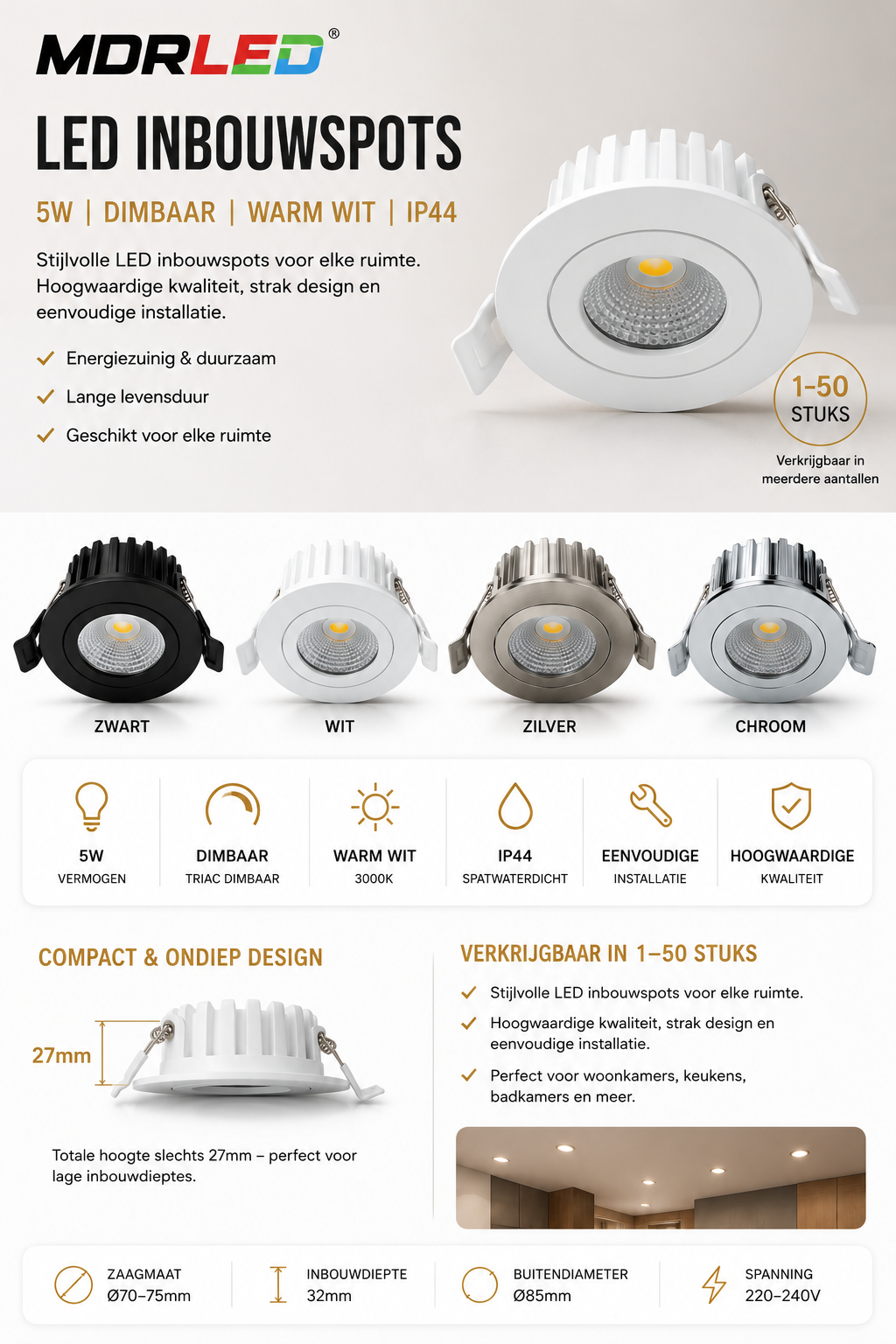 Reflektory wpuszczane 1-6-8-12-pak - 5 W DIM MDRLED®