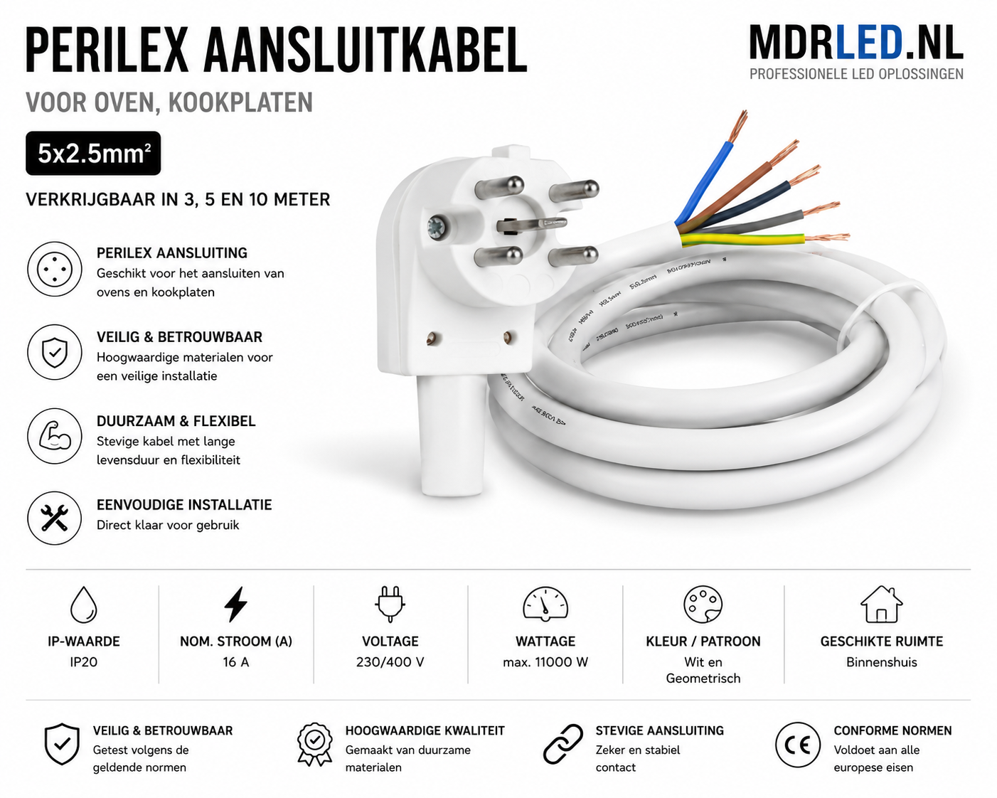 Kabel przyłączeniowy Perilex do piekarnika i płyt grzewczych 5x2,5mm. 3-5-10 metrów MDR LED®