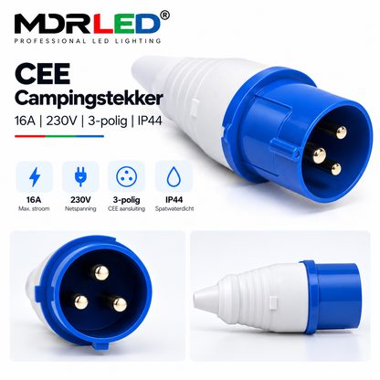 MDRLED® CEE Campingstekker 16A | 230V | 3-polig | IP44 | Blauw Actie op=op