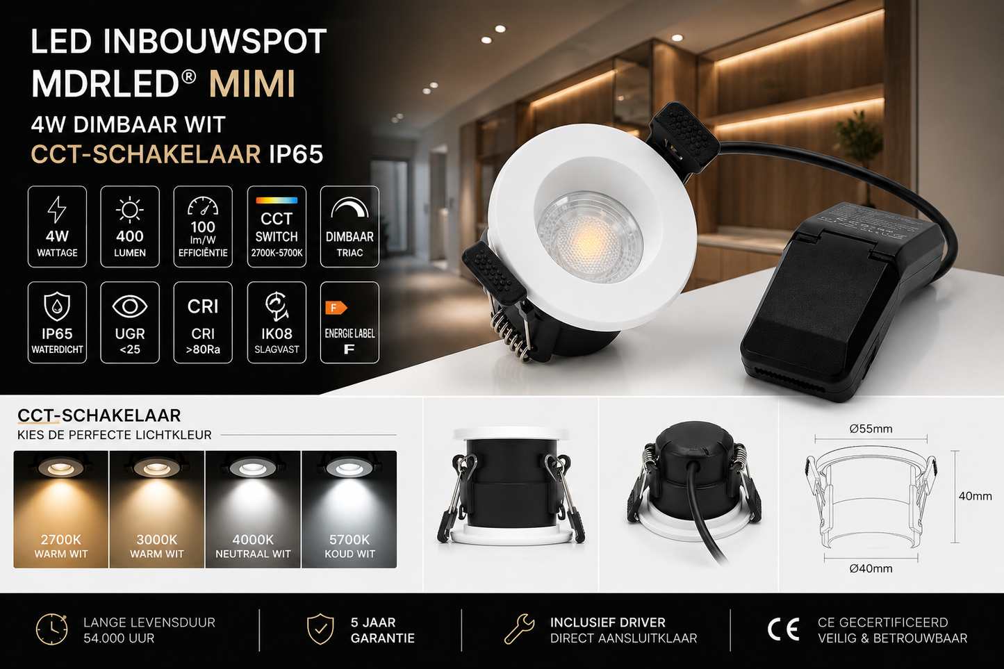 LED Inbouwspot Mimi 4W  MDRLED®  Wit  Dimbaar IP65  CCT-schakelaar Actie