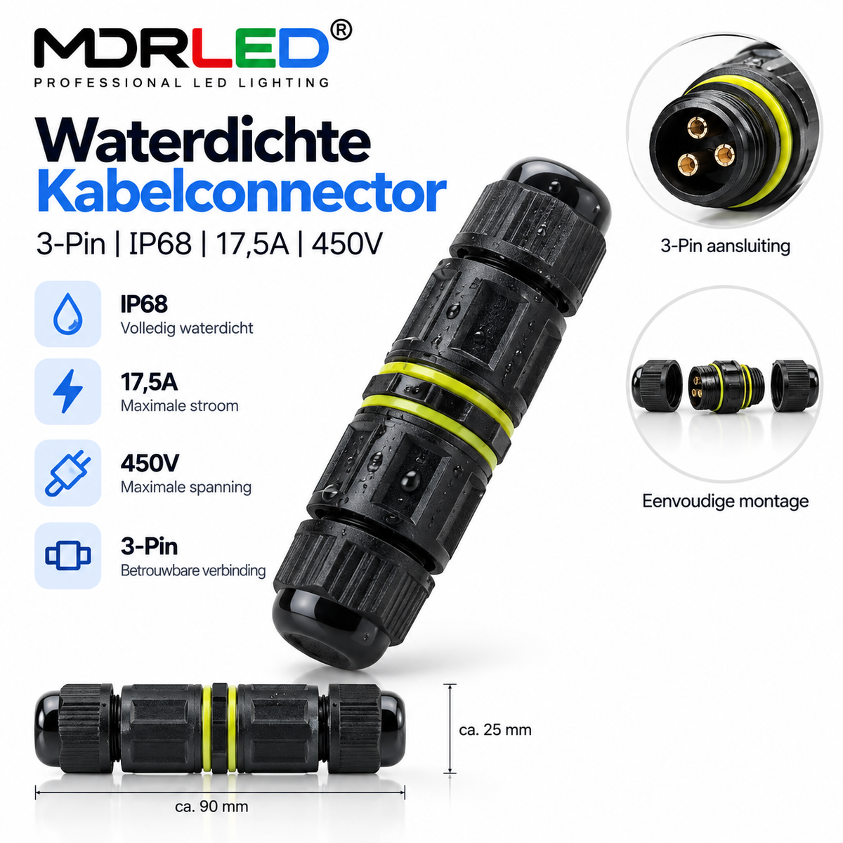 MDRLED® Waterdichte Kabelconnector 3-Pin | IP68 | 17,5A | 450V