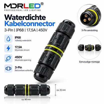 MDRLED® Waterdichte Kabelconnector 3-Pin | IP68 | 17,5A | 450V
