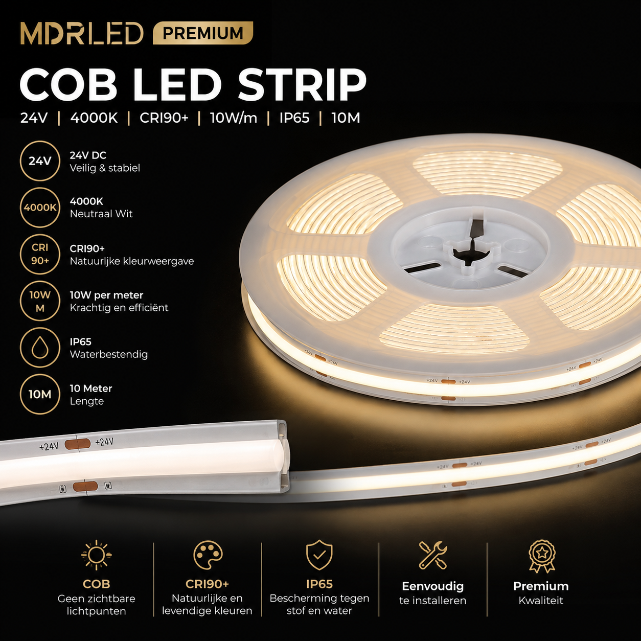 COB LED Strip 24V | 4000K | CRI90+ | 10W/m | IP65 | 10M | MDRLED Premium