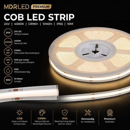 COB LED Strip 24V | 4000K | CRI90+ | 10W/m | IP65 | 10M | MDRLED Premium