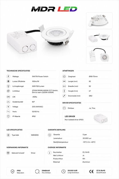 Inbouwspot Wit D2W 5W 7W CCT IP65