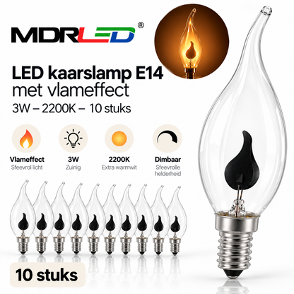 LED Kaarslamp E14 3W – Vlameffect – 2200K – 10 Stuks