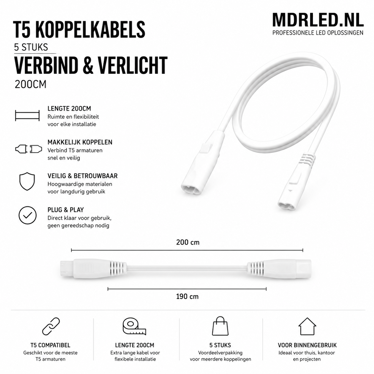 5 Stück T5-Kopplungskabel - Verbinden und Beleuchten 200cm MDRLED