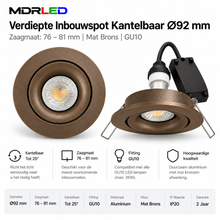 Verdiepte Inbouwspot Kantelbaar Ø92 mm – Zaagmaat: 76 – 81 mm Mat Brons – GU10