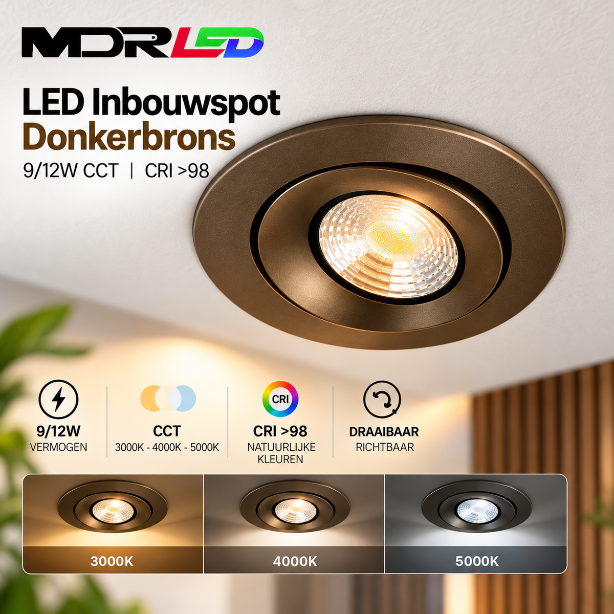 LED Inbouwspot Donkerbrons 9/12W CCT | CRI >98