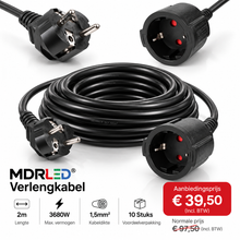 MDRLED® Verlengkabel 2m | 3680W | 1,5mm² | Zwart | 10 Stuks