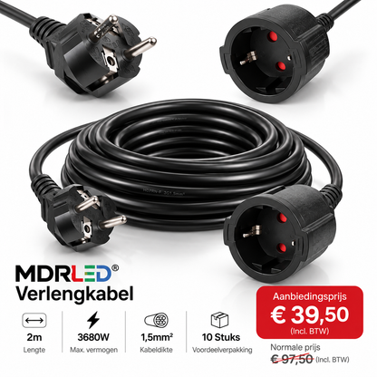 Verlengkabel | 2m | 3680W | 1,5mm² | Zwart | 10 stuks