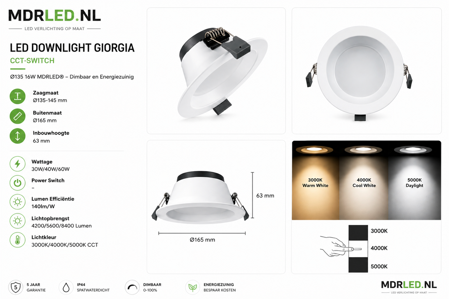 LED-DOWNLIGHT Giorgia CCT SWITCH Ø135 16W MDRLED®