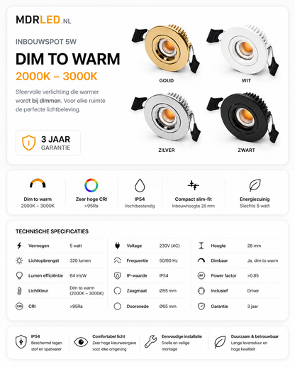 Inbouwspot 5W Zwart Dim to Warm IP54 MDRLED