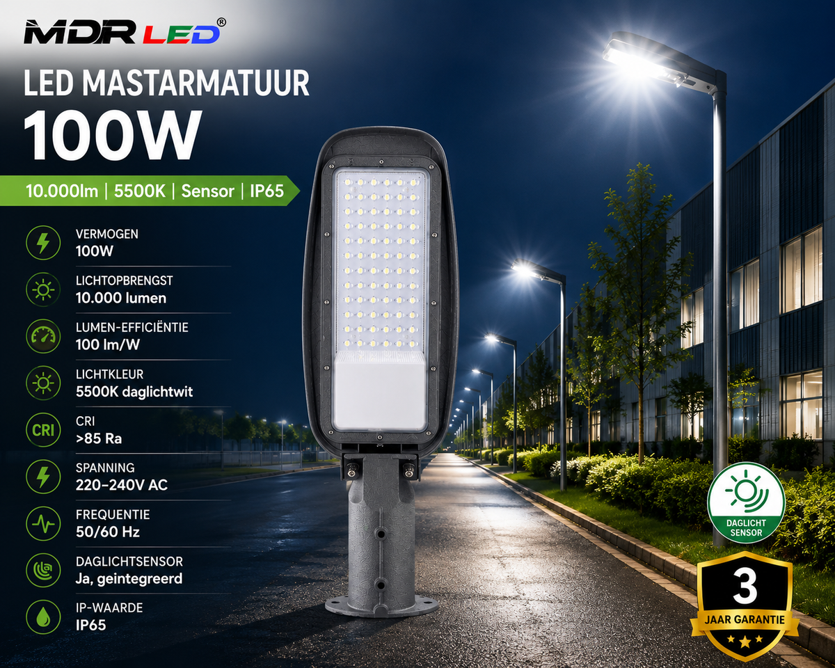 MDRLED® LED Mastarmatuur 100W | 10.000lm | 5500K | Daglichtsensor | IP65  Actie