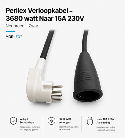 Przejściówka Perilex Neopren - odporna na ciepło - czarna długość od 0,5 do 10 metrów. Przewód przedłużający Perilex 3x2,5 mm do 16 A 230 V MDR LED®