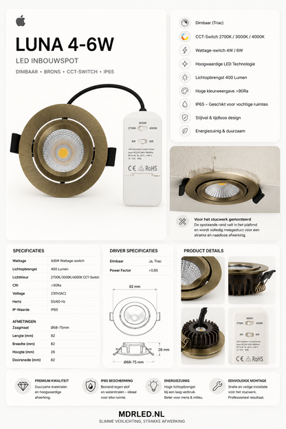 LED Inbouwspot   LUNA 4- 6W  Dimbaar  Brons  CCT-Switch  IP65