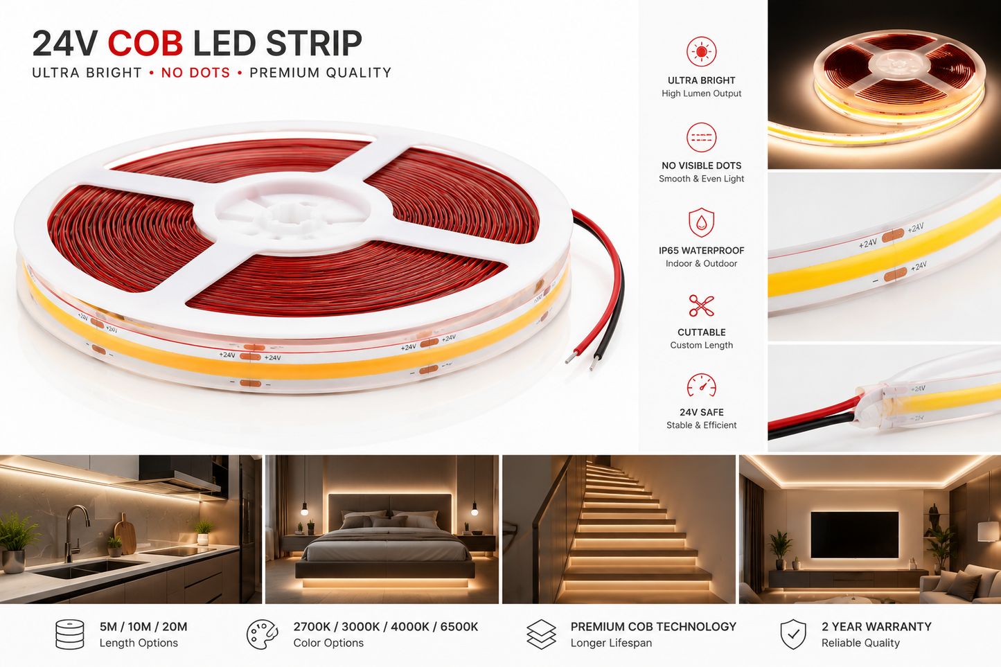 COB LEDstrip 24V | IP65 | 3000K | 5M | 10W/M | Vrij Knipbaar | MDRLED®