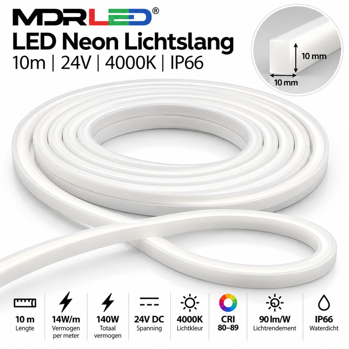 MDRLED® LED Neon Lichtslang 10m | 24V | 4000K | IP66