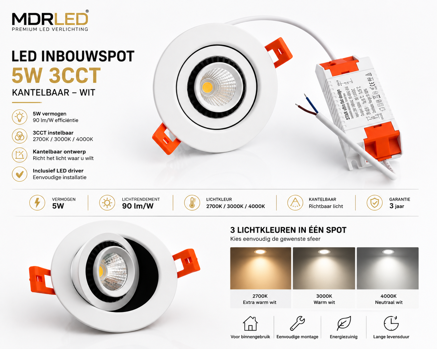 MDRLED® LED Inbouwspot 5W CCT | Dimbaar | Kantelbaar | Wit