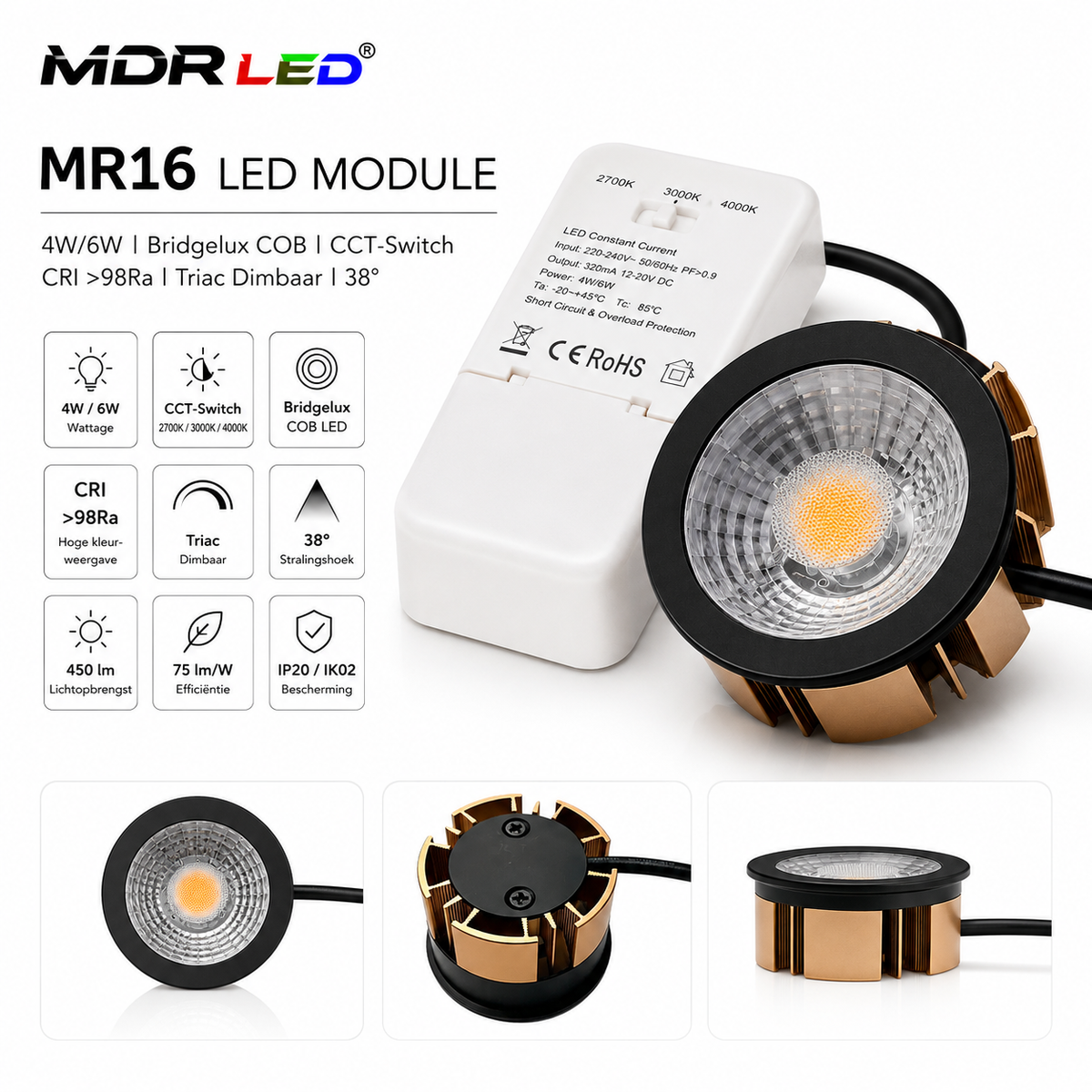 MDRLED® MR16 LED Module 4/6W | CCT | CRI >98 | Dimbaar