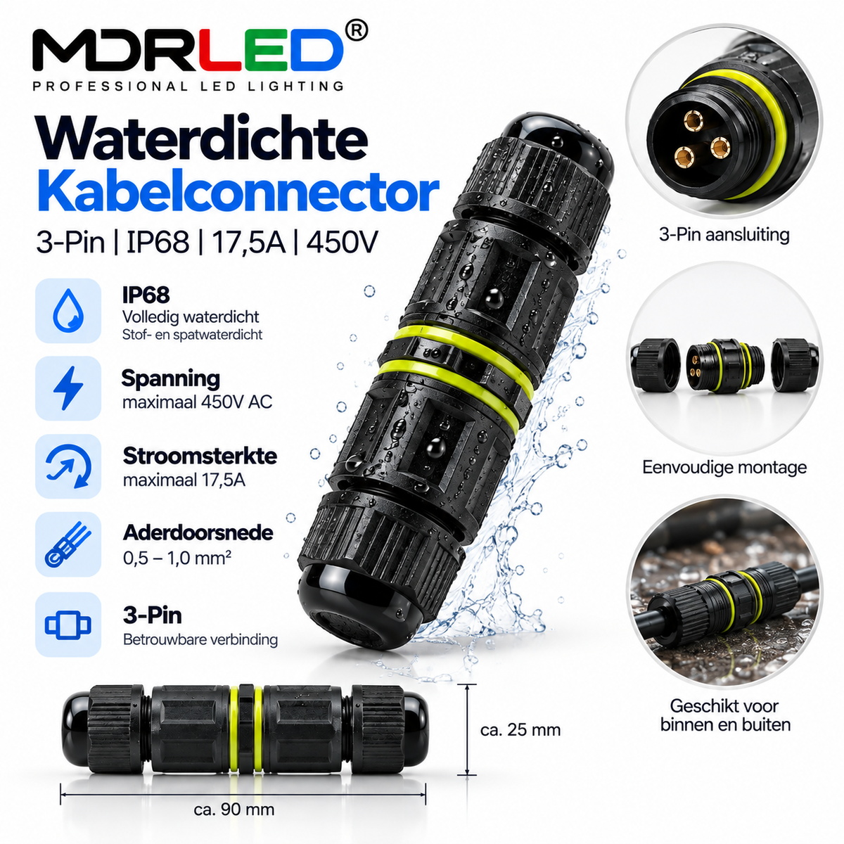 MDRLED® Waterdichte Kabelconnector 3-Pin | IP68 | 17,5A | 450V