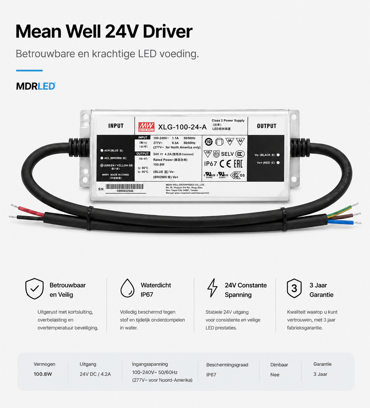 Mean Well 24V Driver 100W – IP67 – XLG-100-24-A LED Voeding