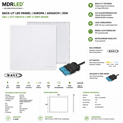 LED Paneel 60x60 DALI 30W | CCT-Switch | UGR<22 | Back-lit | MDRLED®