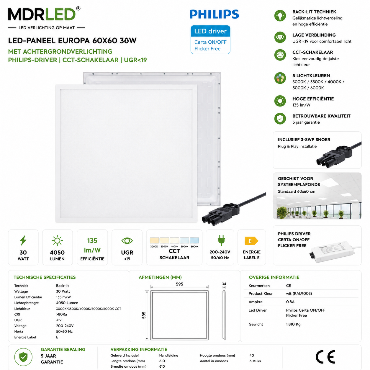 Back-lit LED Paneel Europa 60x60 30W | Philips Driver | CCT-Switch | UGR<19 | MDRLED