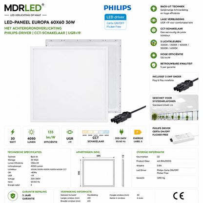 Back-lit LED Paneel Europa 60x60 30W | Philips Driver | CCT-Switch | UGR<19 | MDRLED