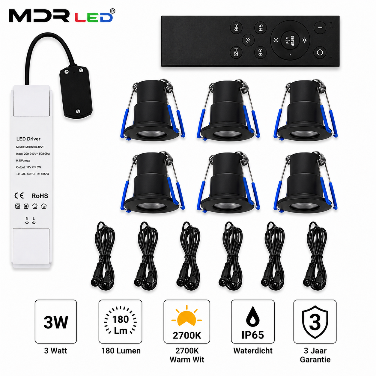 MDRLED® LED Inbouwspot Set 6 Stuks | 3W | 2700K | IP65