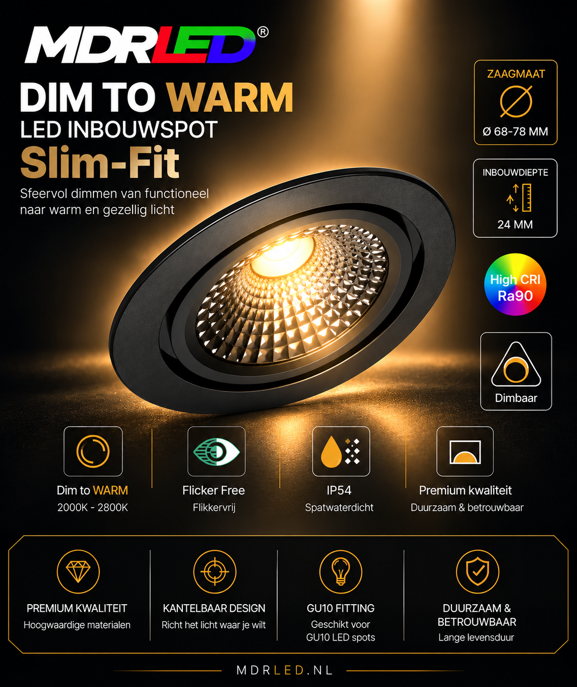 LED inbouwspot Slim-Fit | Ø68-78mm | 5W | Dim2Warm | Zwart