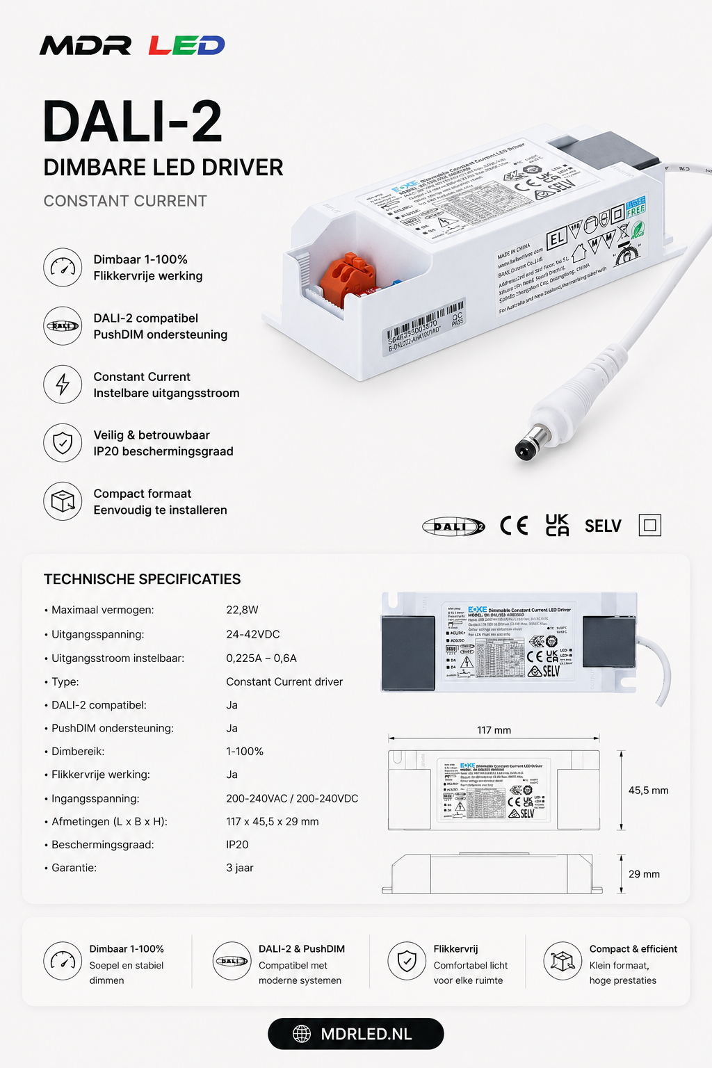 BOKE DALI Driver 22,8W | DALI-2 & PushDIM | 225-600mA | Constant Current LED Driver