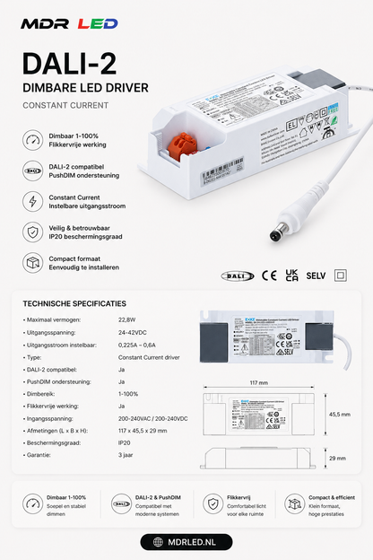 BOKE DALI Driver 22,8W | DALI-2 & PushDIM | 225-600mA | Constant Current LED Driver