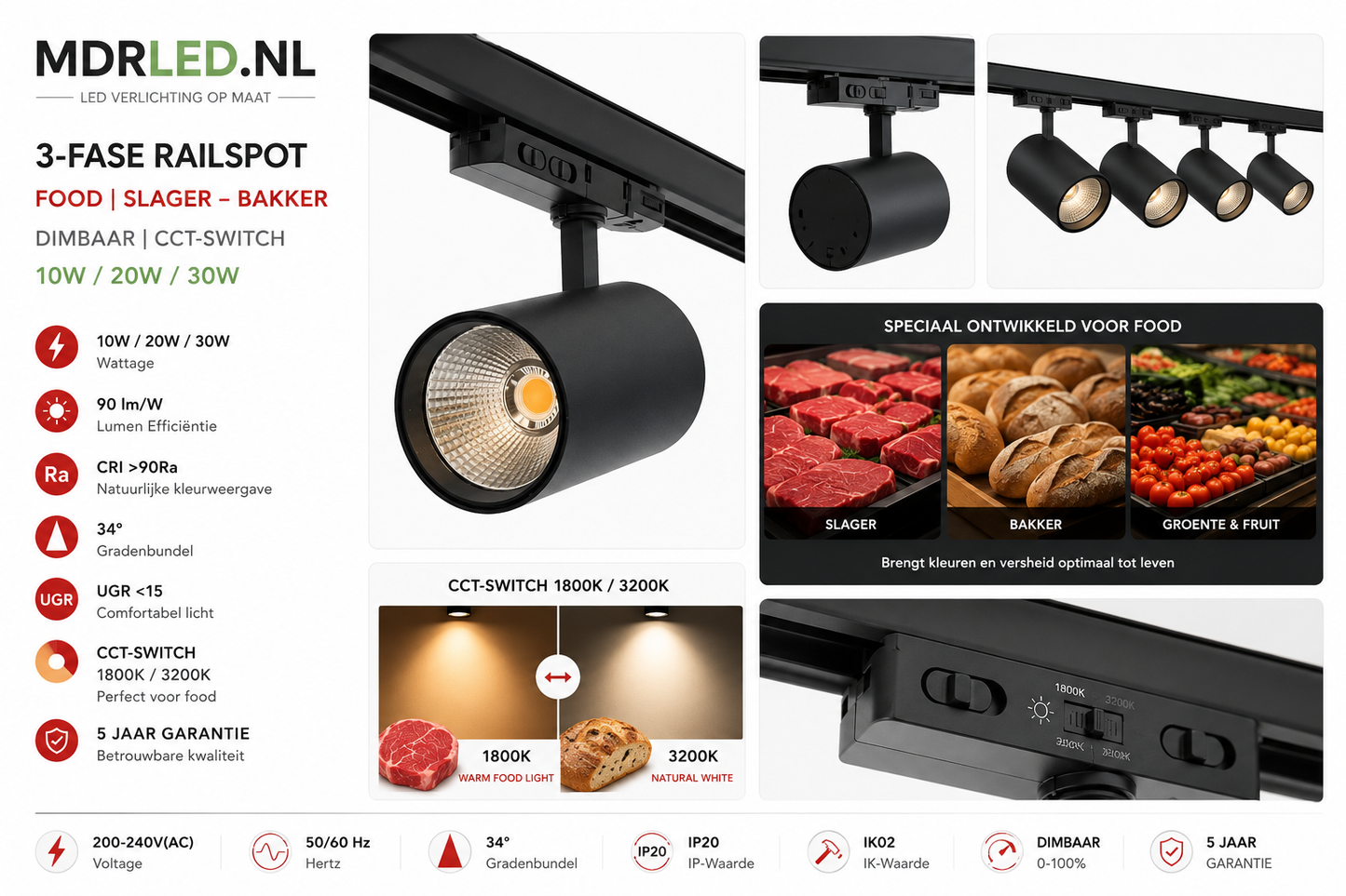 3-Fase Railspot Food | Zwart | 10W–30W | 1800K/3200K | Dimbaar | MDRLED®