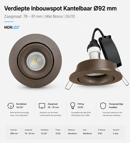 Verdiepte Inbouwspot Kantelbaar Ø92 mm – Zaagmaat: 76 – 81 mm Mat Brons – GU10