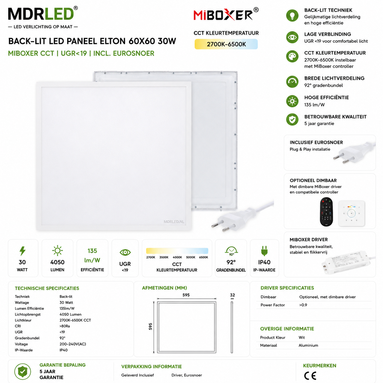 LED Paneel 60x60 30W | MiBoxer CCT | Back-lit | UGR<19 | Incl. Eurosnoer | MDRLED®.