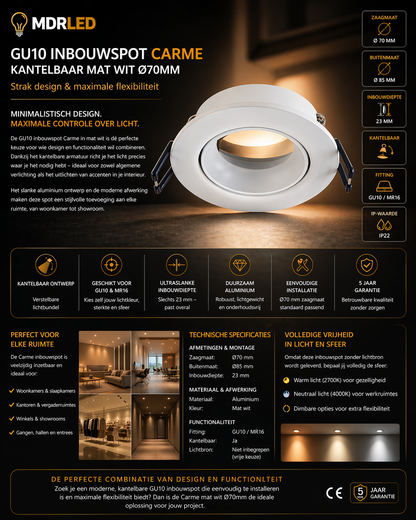 GU10 Inbouwspot Carme Kantelbaar Wit – Ø70mm | MR16 Geschikt | IP22 | 5 Jaar Garantie