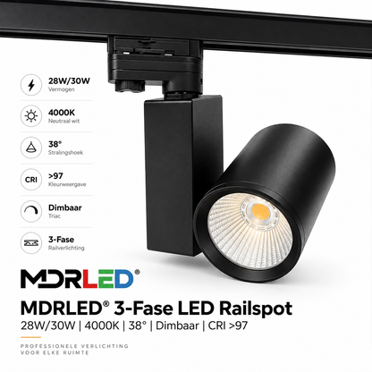 MDRLED® 3-Fase LED Railspot 28W 4000K 38° | Dimbaar | CRI >97