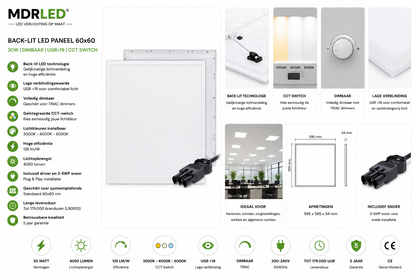 Back-lit LED Paneel 60x60 30W  UGR<19  Dimbaar  CCT Switch  MDRLED®