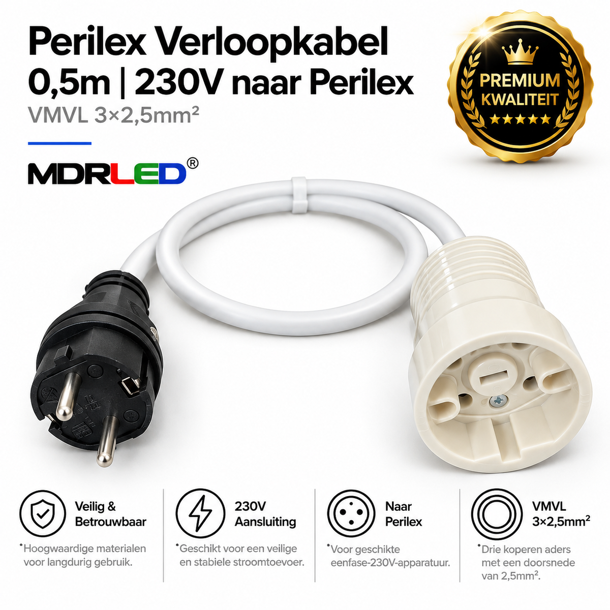 Perilex verloopkabel 230V naar Perilex 3×2,5mm² WIT