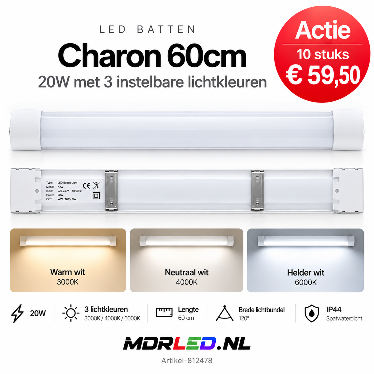 LED Batten Charon 60cm – 20W – CCT – 10 Stuks Actie