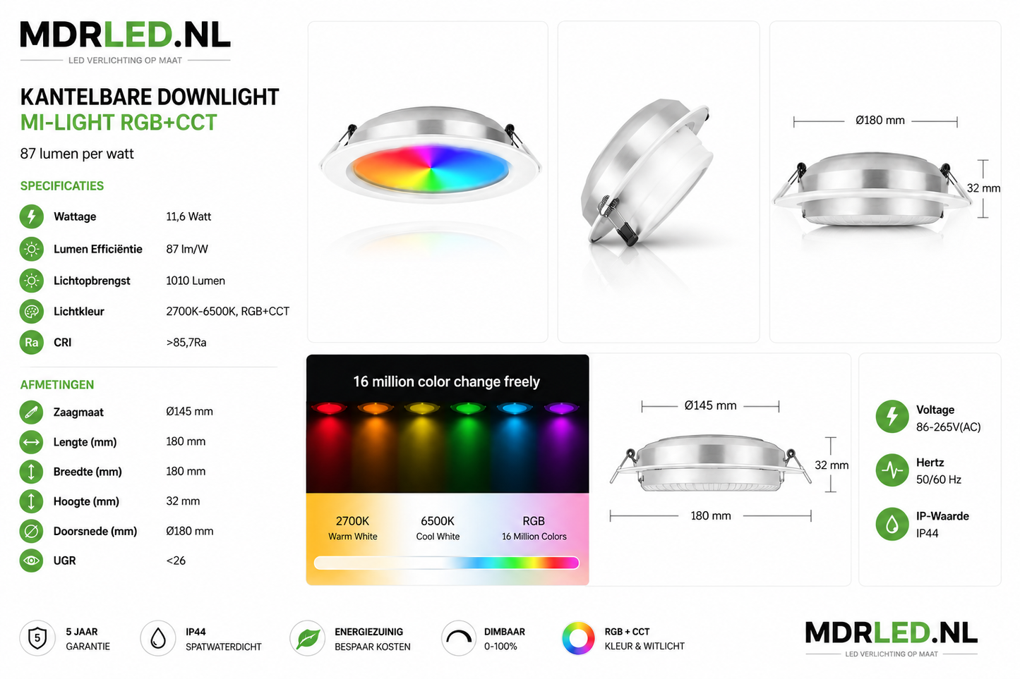 Oprawa sufitowa LED MI-LIGHT RGB+CCT 12 W MDRLED®