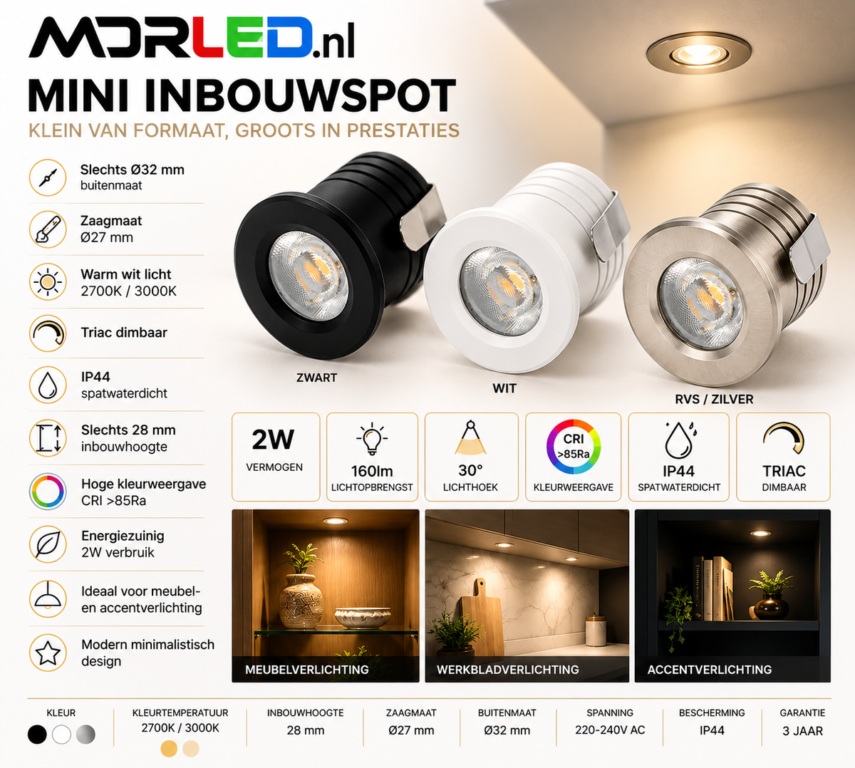 LED Mini Inbouwspot 2W Dimbaar – IP44 – 2700K/3000K – 3 Kleuren