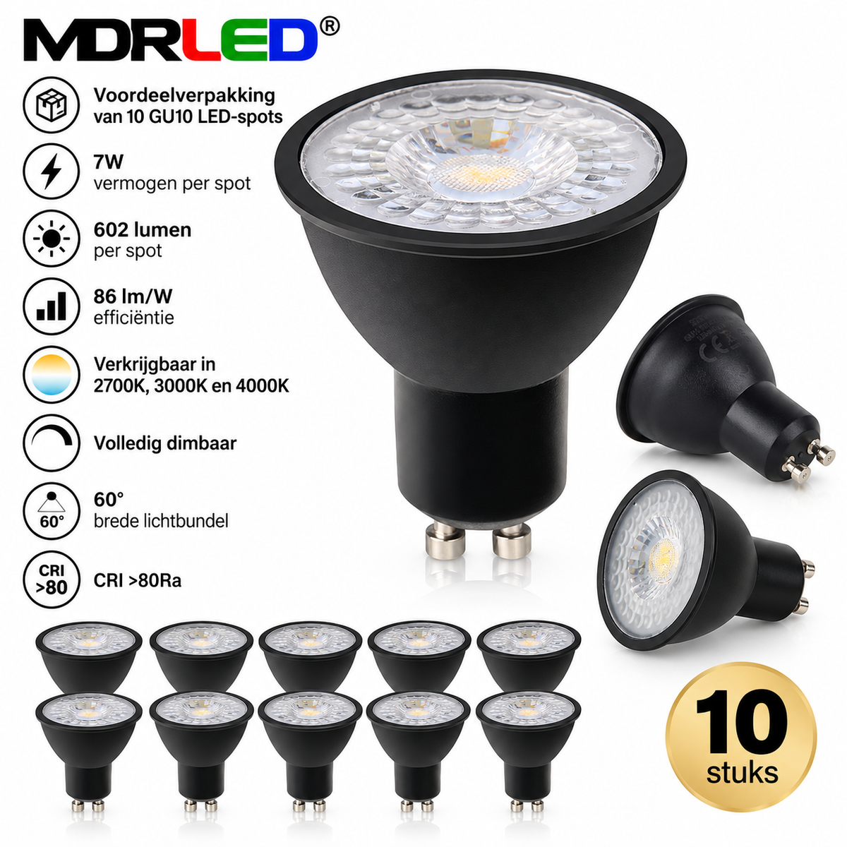 GU10 Spot SPONDE 7W Schwarz Dimmbar 3000K MDRLED®